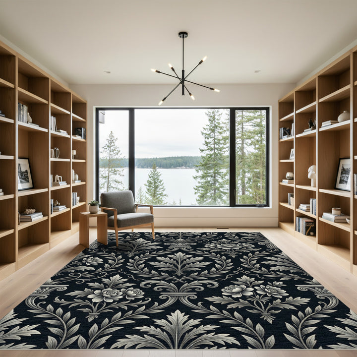 Ornate Floral Scrollwork Black Beige Rug
