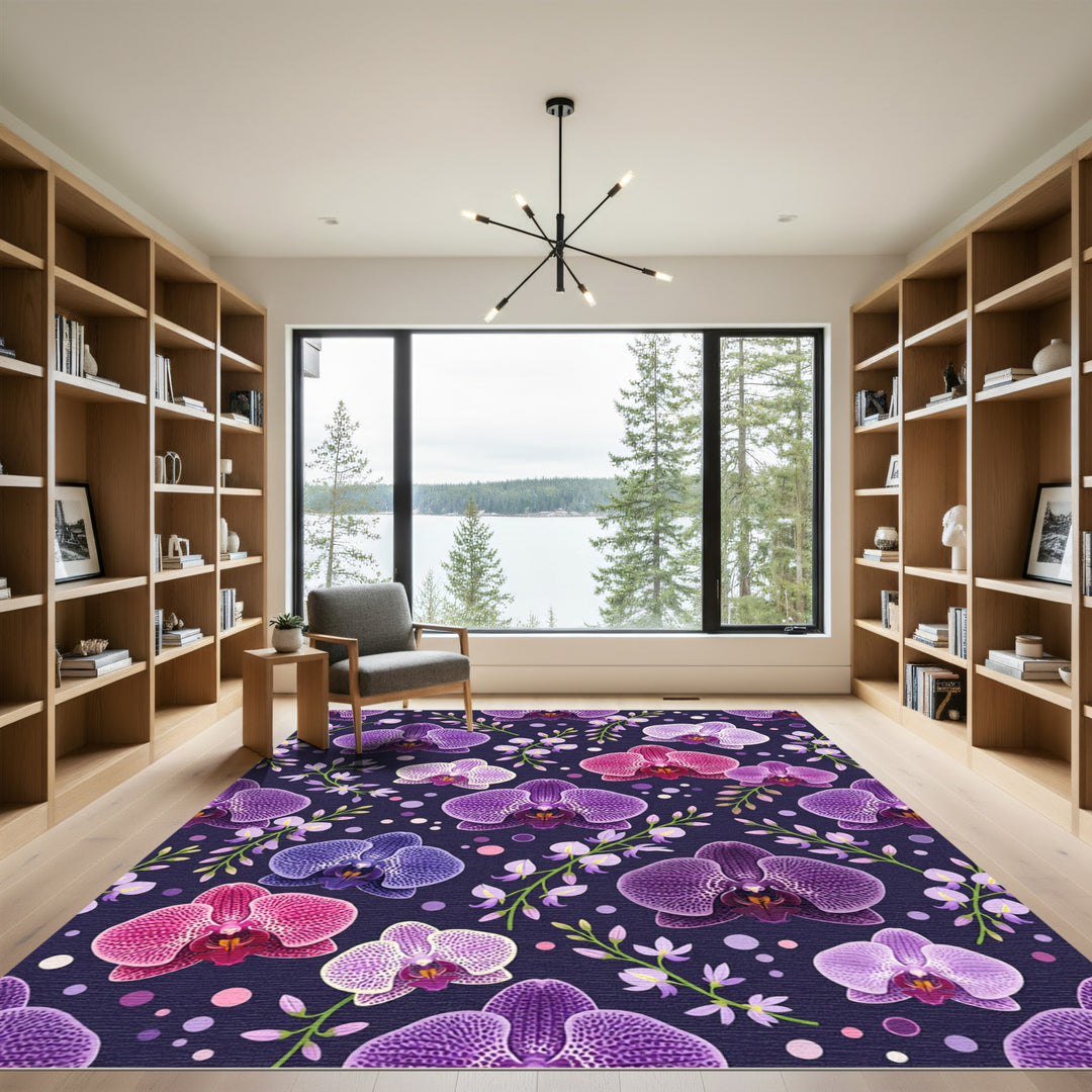 Elegant Purple Orchid Floral Garden Rug