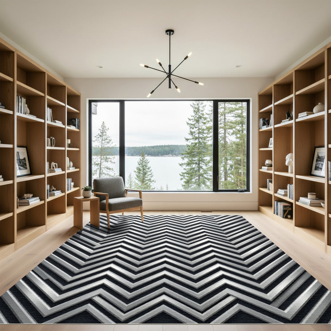 Sleek Silver Zigzag Chevron Rug