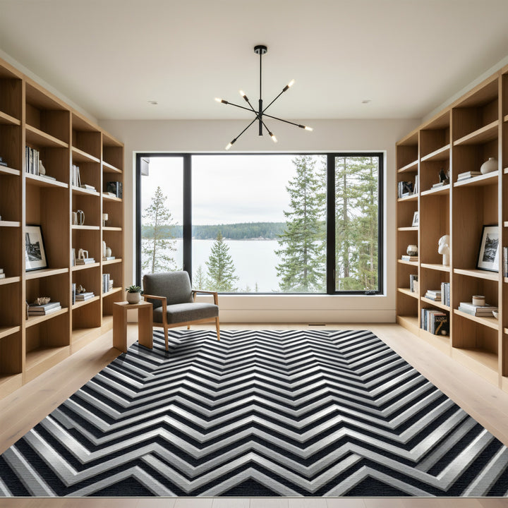 Sleek Silver Zigzag Chevron Rug