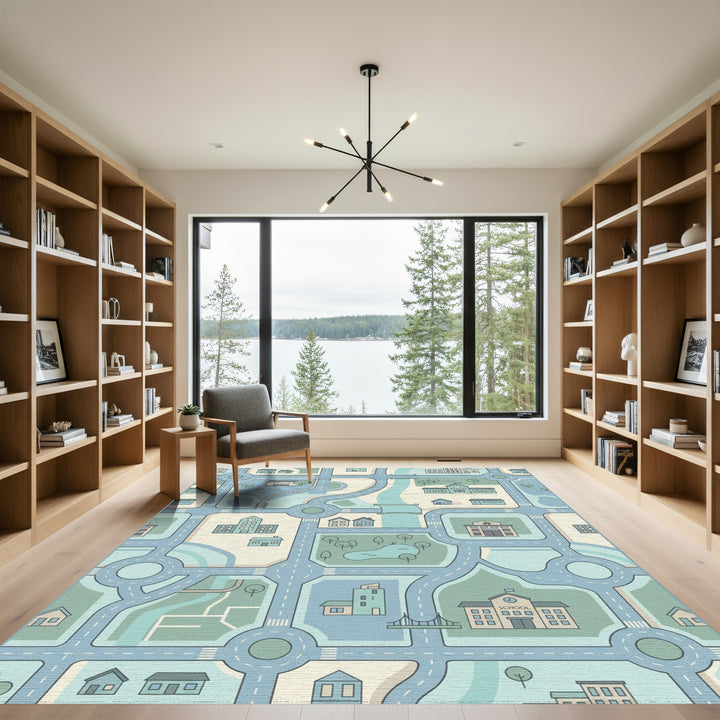 Soft Blue Cityscape Road Network Rug