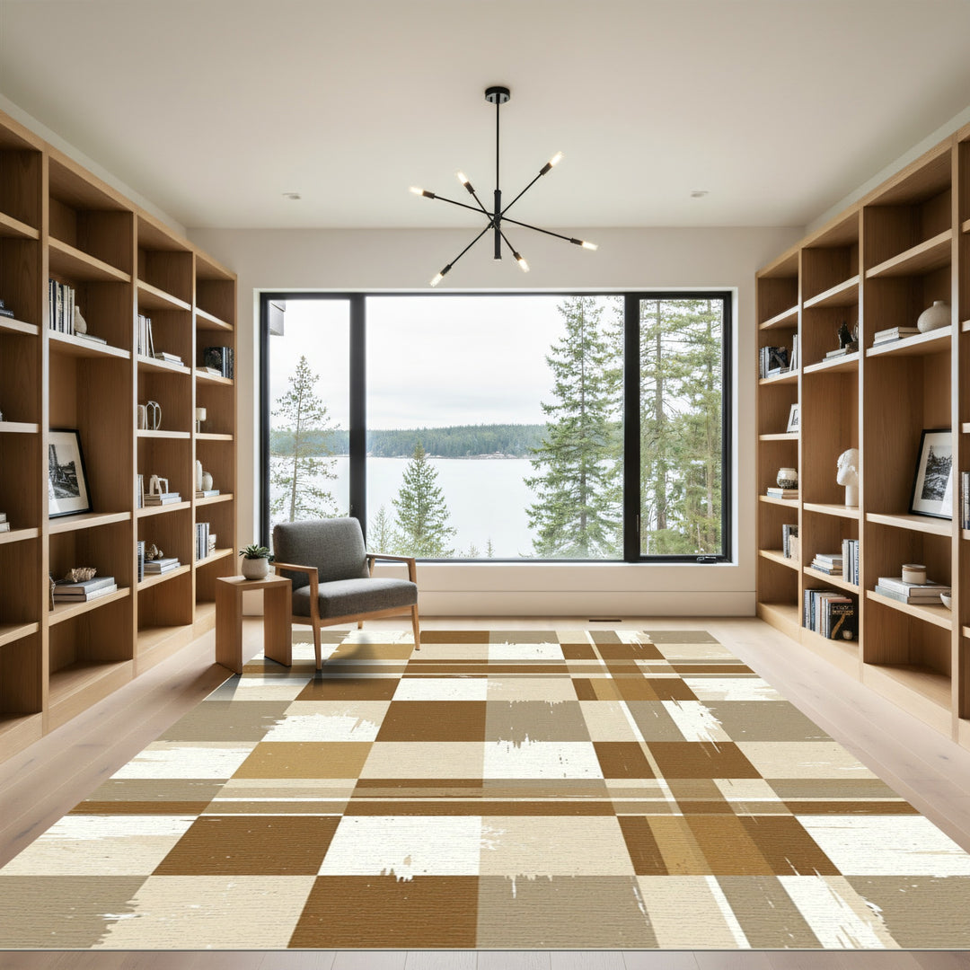 Brown and Beige Grungy Checkered Rug