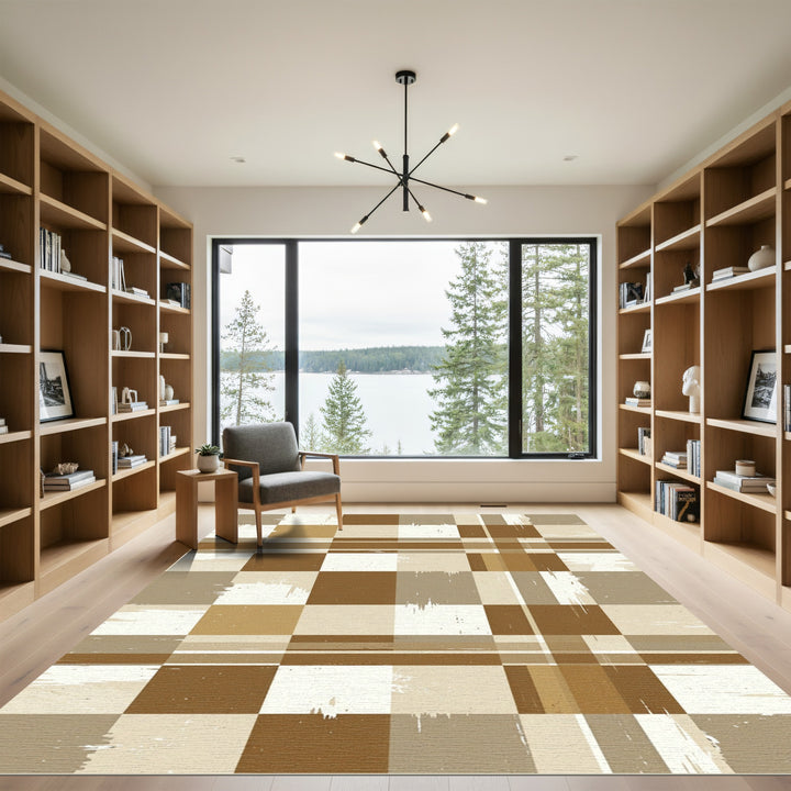 Brown and Beige Grungy Checkered Rug