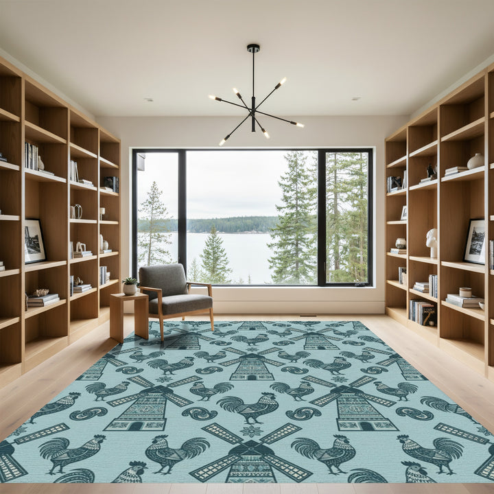 Teal Rooster Windmill Folk Art Rug