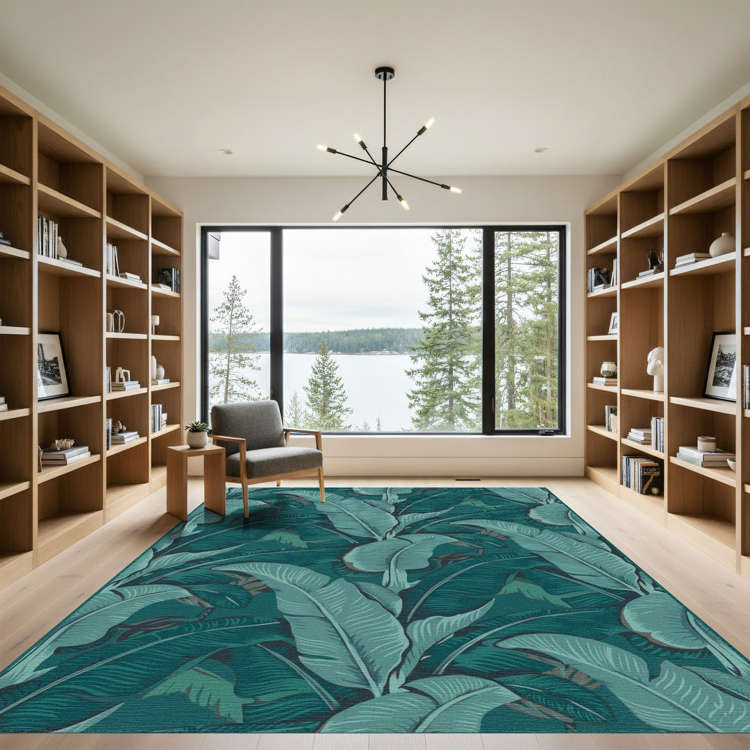 Deep Teal Botanical Banana Leaf Rug