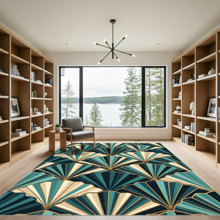 Teal Gold Fan Art Deco Rug