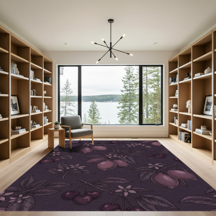 Dark Plum Cherry Lemon Botanical Illustration Rug