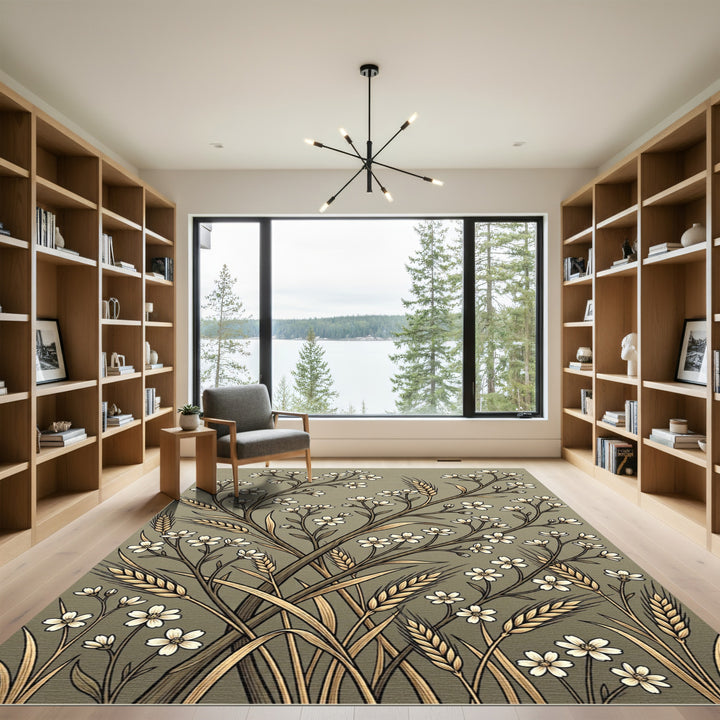 Earthy Wheat Flowers Botanical Composition Rug