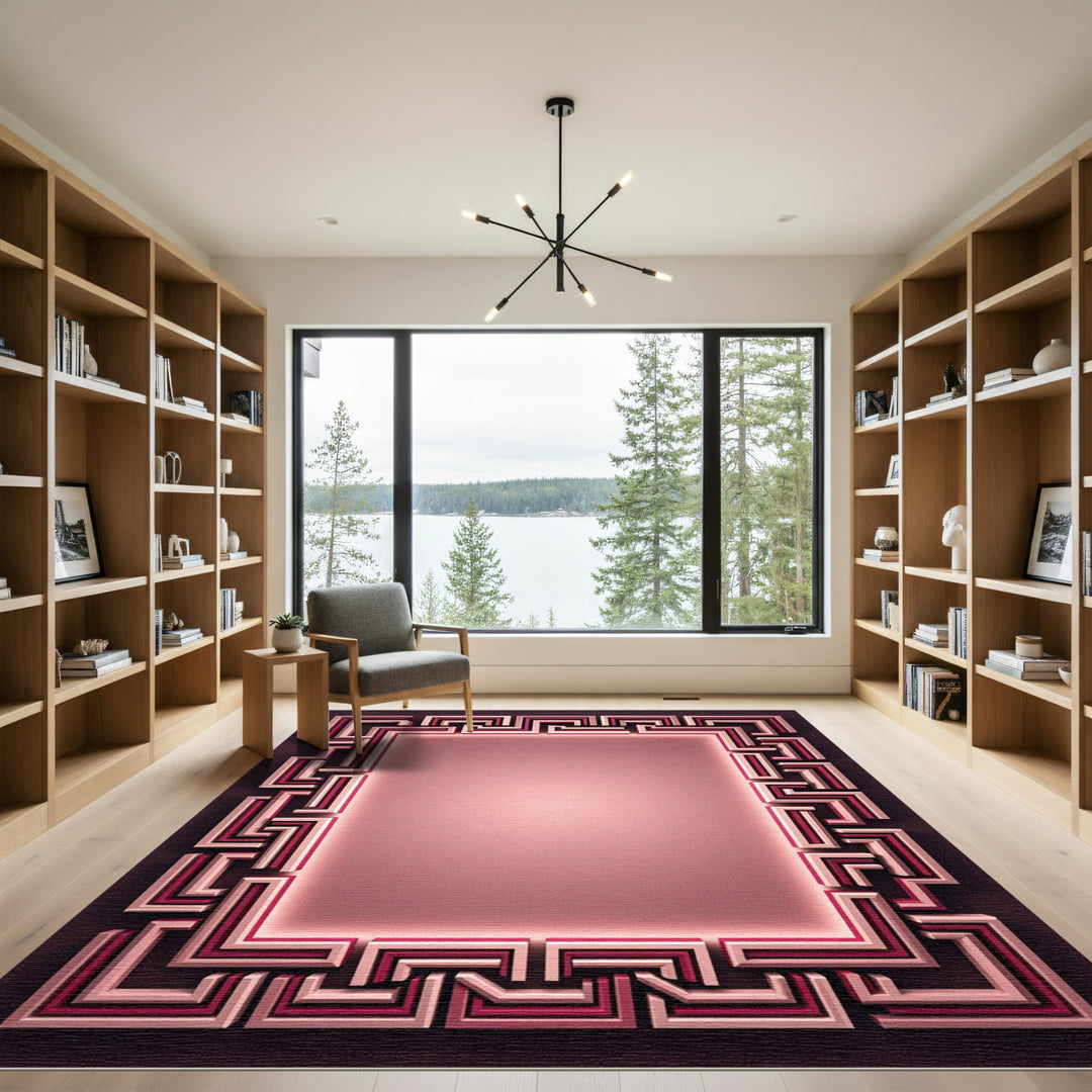 Pink Geometric Maze Border Rug