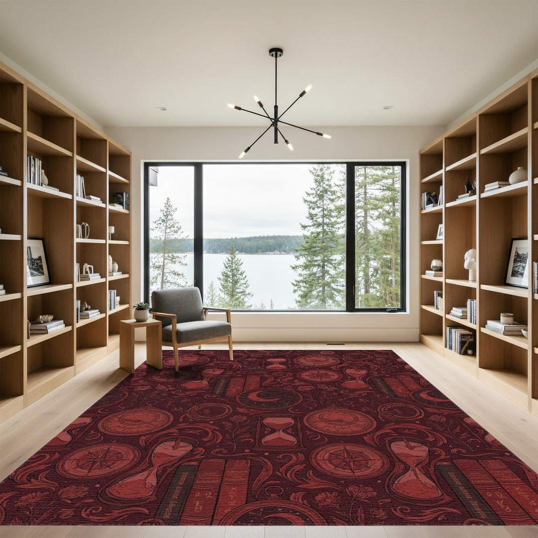 Rich Red Celestial Hourglass Compass Rug
