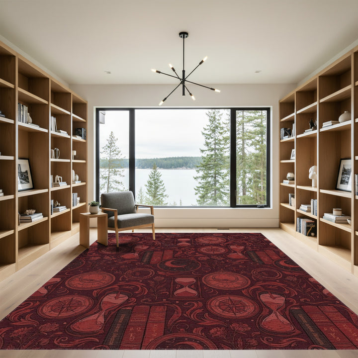 Rich Red Celestial Hourglass Compass Rug