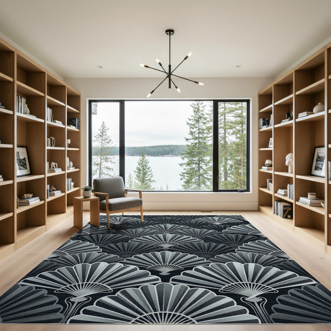 Art Deco Hand Fan Black Gray Rug
