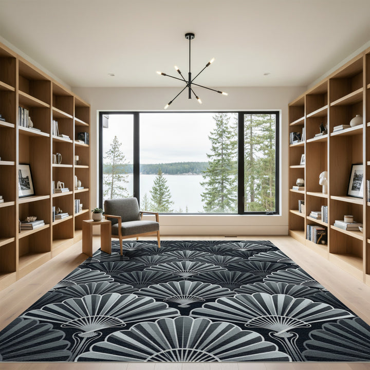 Art Deco Hand Fan Black Gray Rug