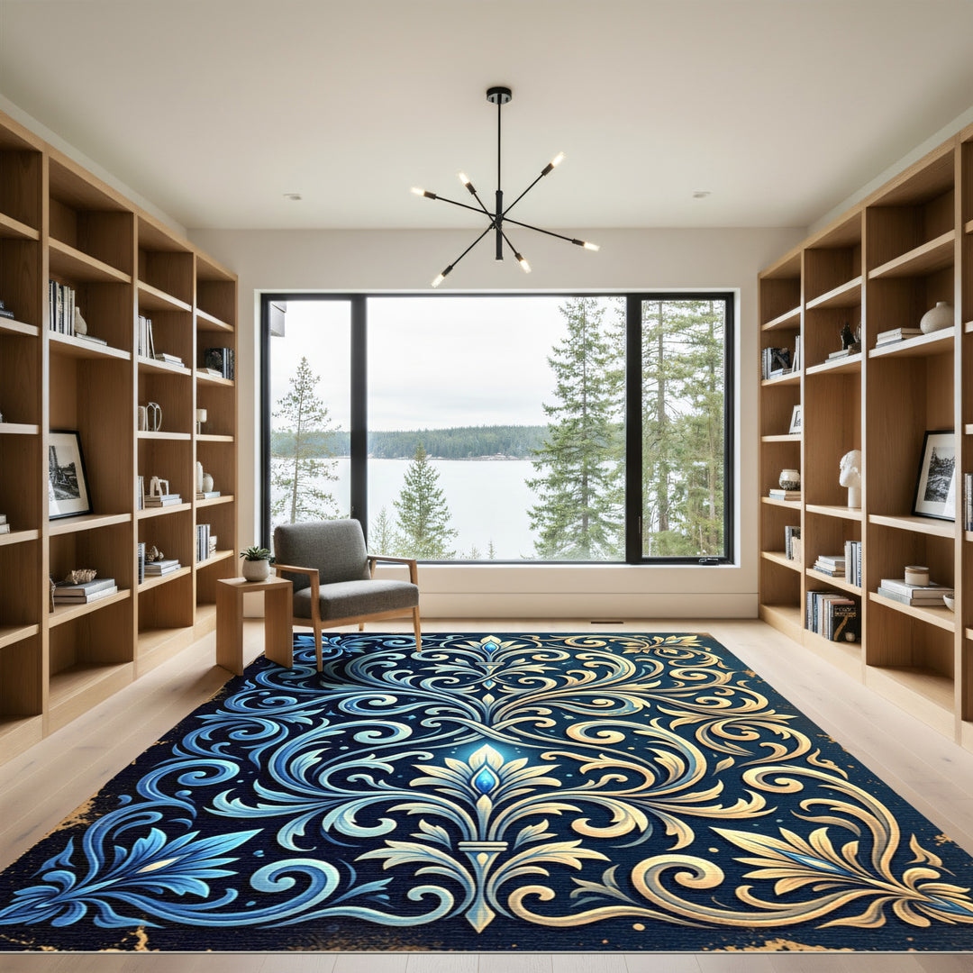 Elegant Blue Gold Floral Ornament Rug