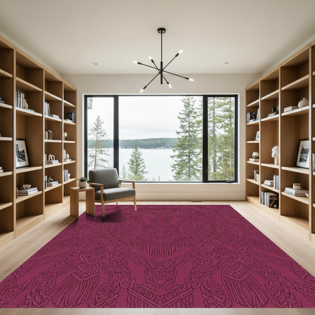 Deep Berry Macrame Fringe Brocade Rug