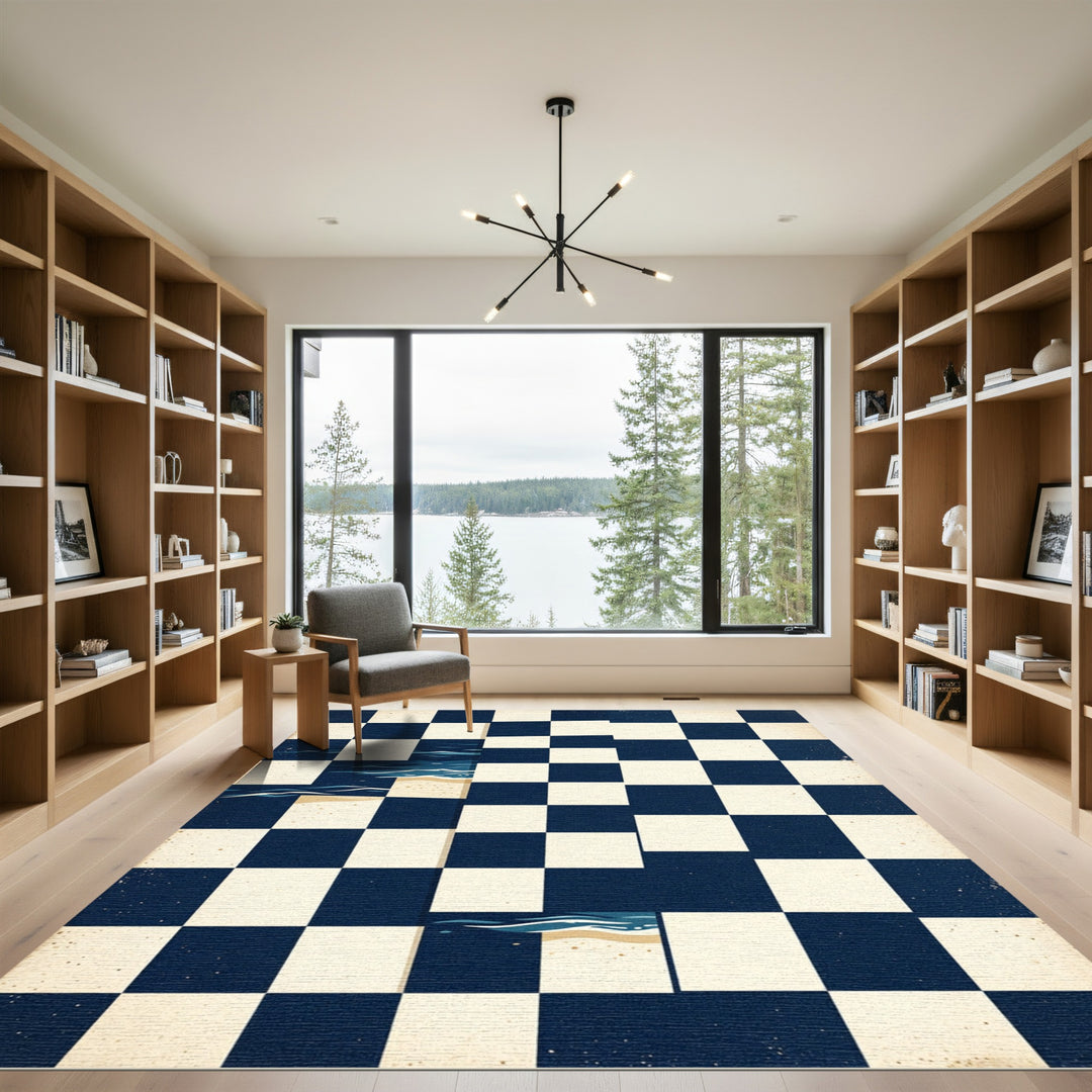 Abstract Coastal Chessboard Blue Rug