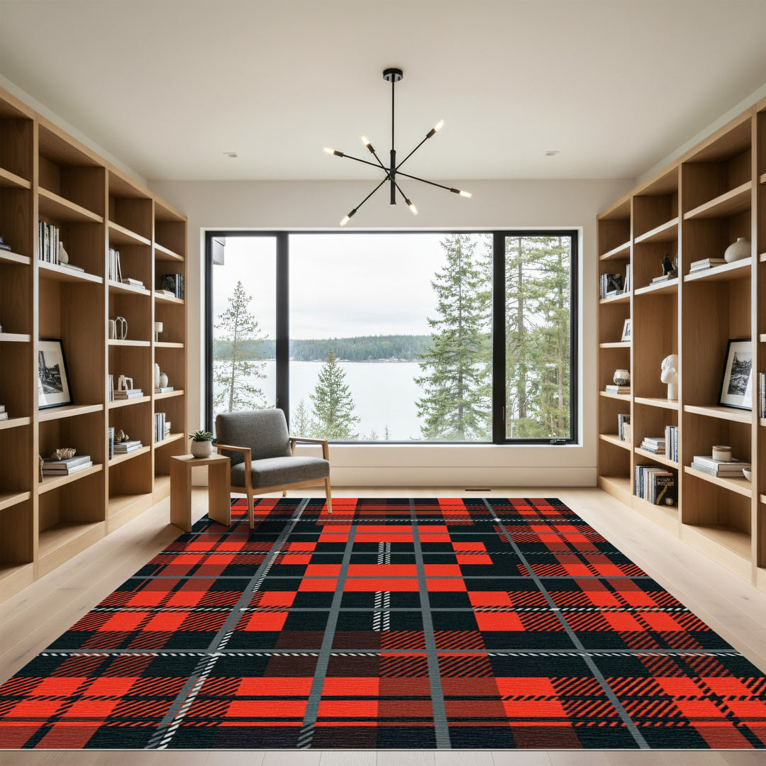 Bold Red Black Plaid Checks Rug