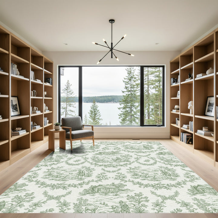 Green Pastoral Landscape Village Scene Rug