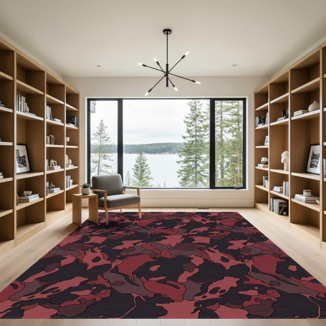 Dark Red Camouflage Abstract Forms Rug