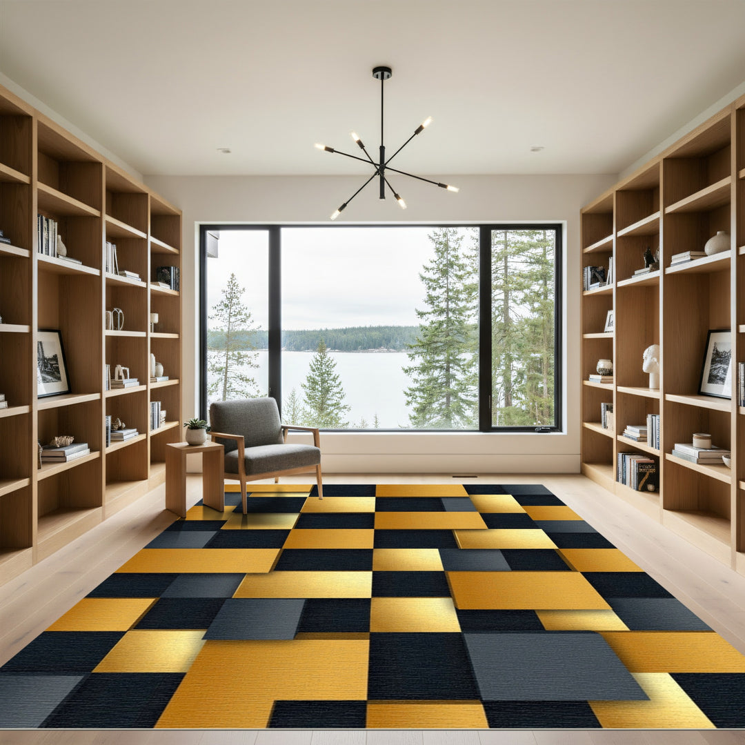 Golden Black Geometric Cubes Rug