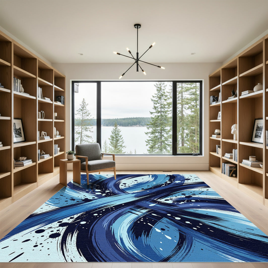 Dynamic Blue Ink Splatter Swirl Rug