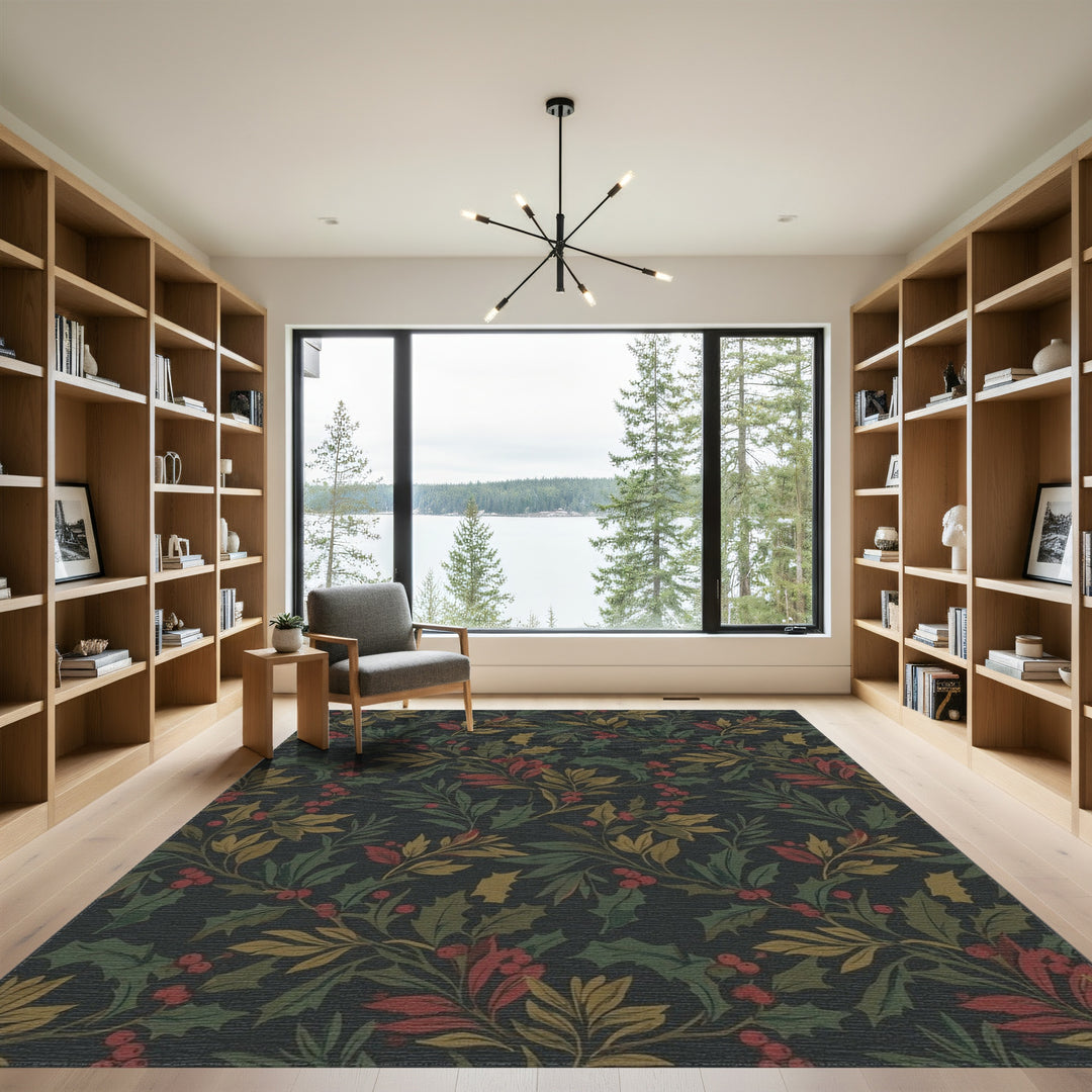 Dark Holly Berry Botanical Vines Rug