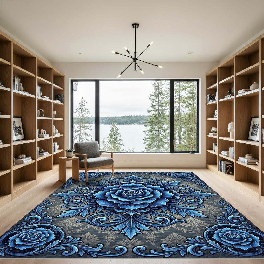 Intricate Blue Floral Ornament Tapestry Rug