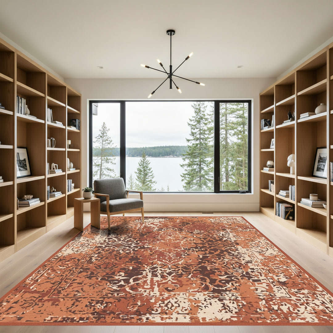 Distressed Terracotta Floral Medallion Rug