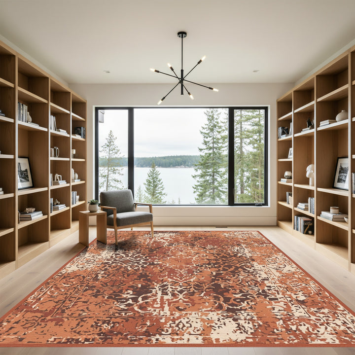 Distressed Terracotta Floral Medallion Rug