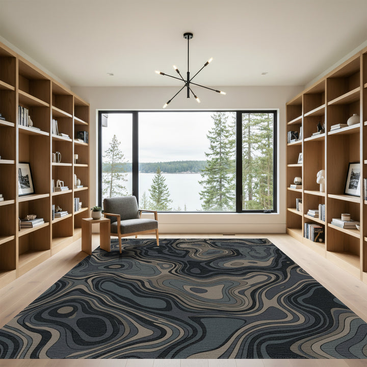 Dark Gray Earthy Topographic Contour Rug