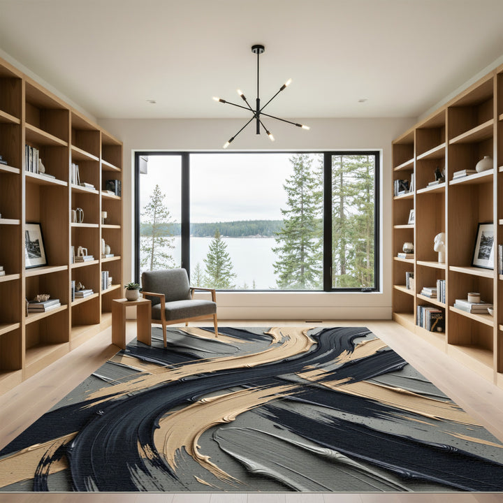 Textured Tan Black Gray Brush Strokes Rug