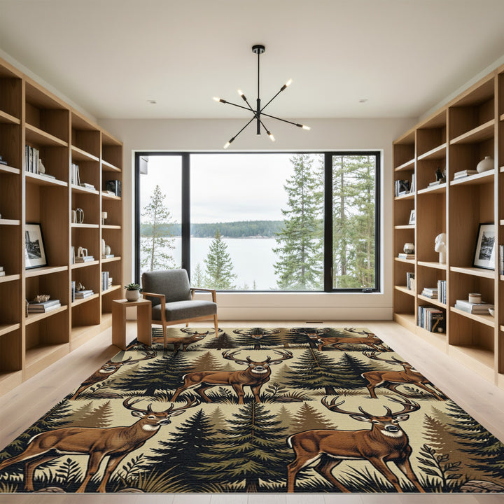 Woodland Deer Forest Scene Rug