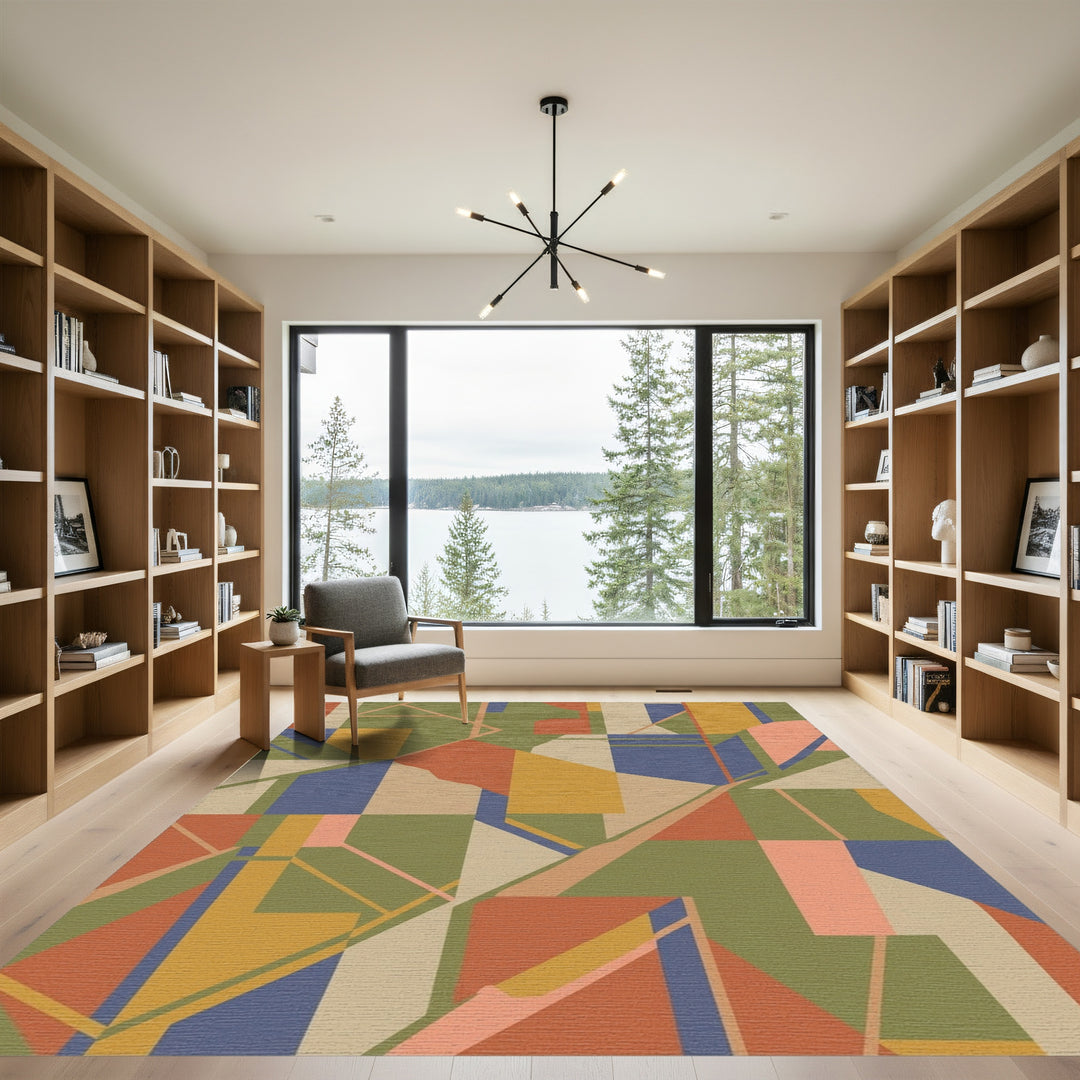 Abstract Geometric Terracotta Blue Olive Rug