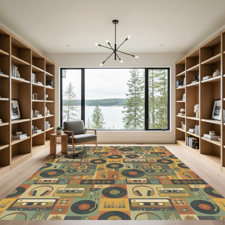Retro Music Cassette Vinyl Headphone Collage Rug
