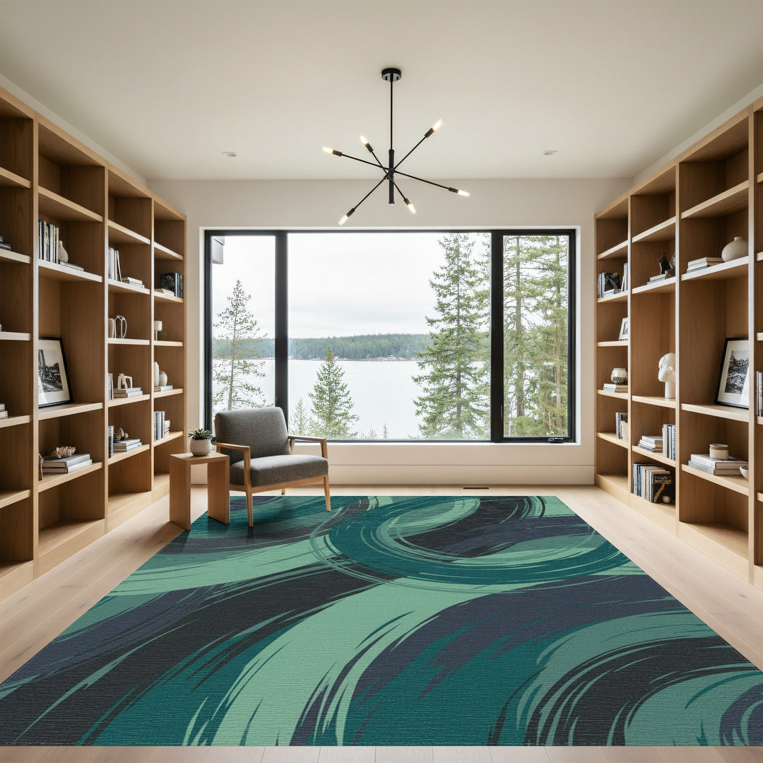 Deep Teal Swirl Abstract Brushstrokes Rug