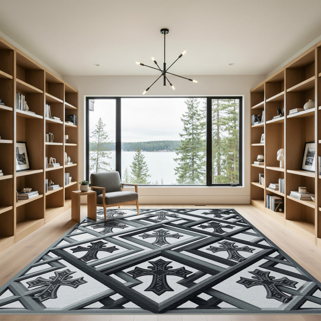 Gray Geometric Cross Lattice Rug