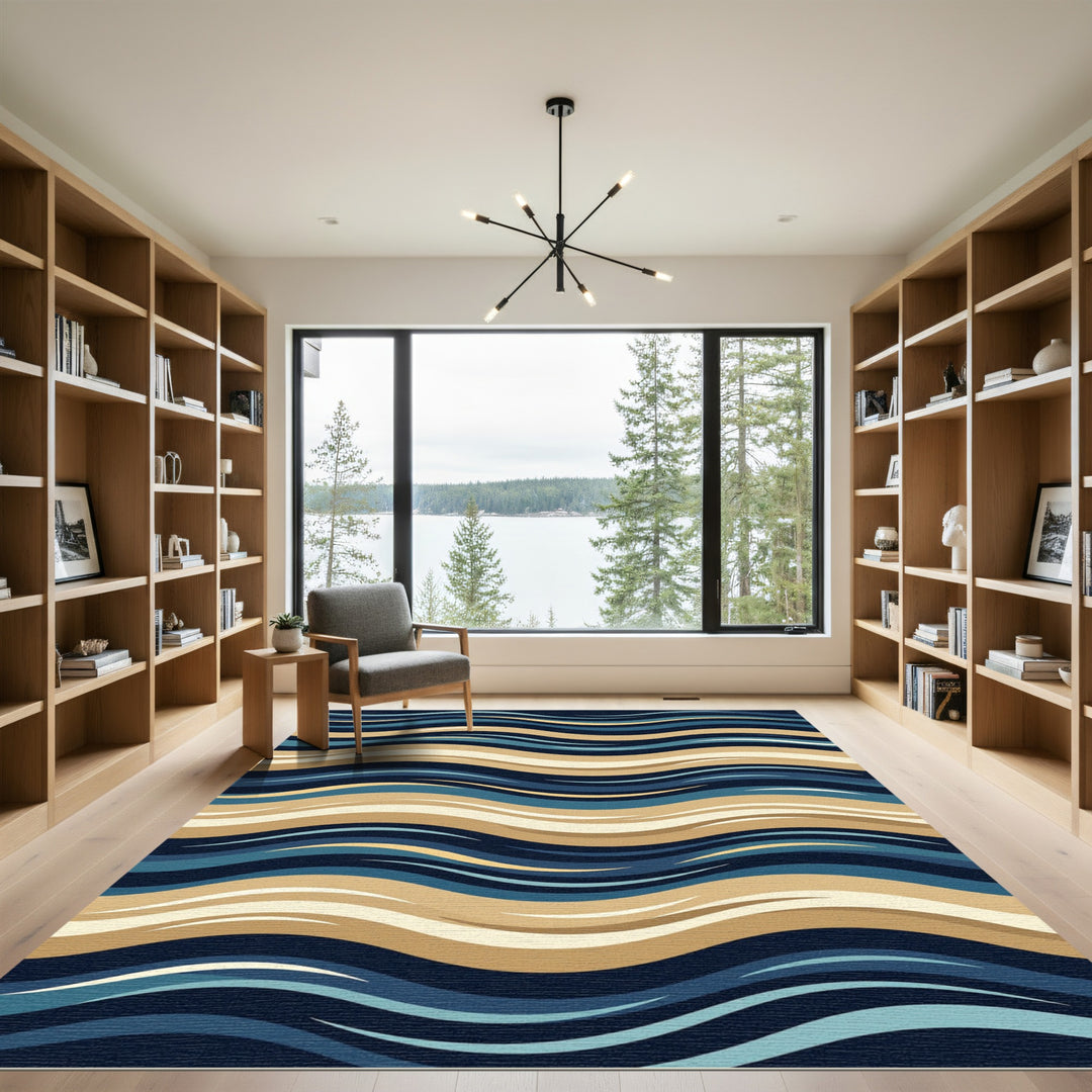 Deep Blue Golden Swirl Wave Rug