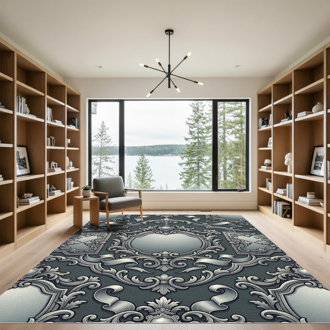 Ornate Silver Baroque Scroll Rug