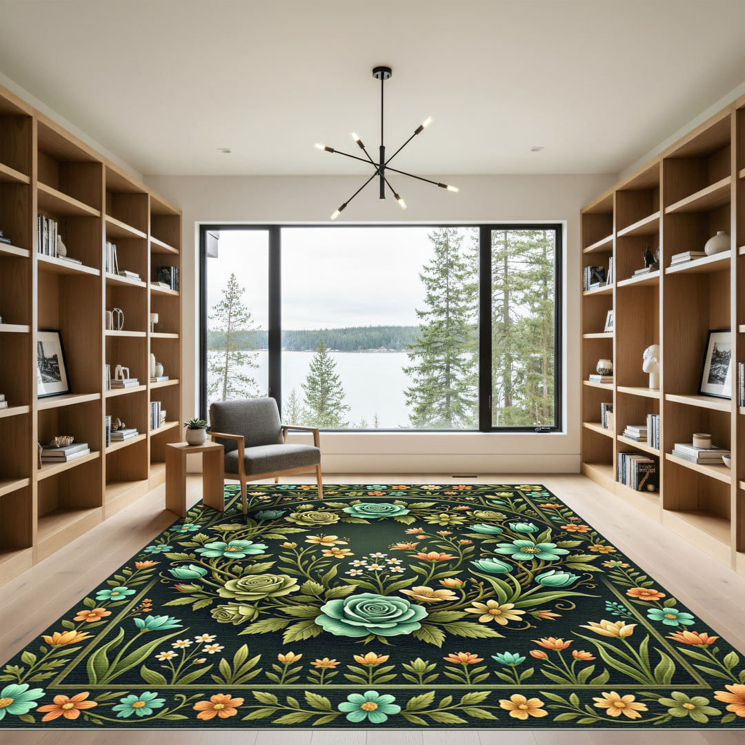 Emerald Garden Rose Tulip Arrangement Rug