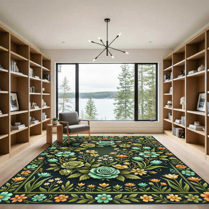 Emerald Garden Rose Tulip Arrangement Rug