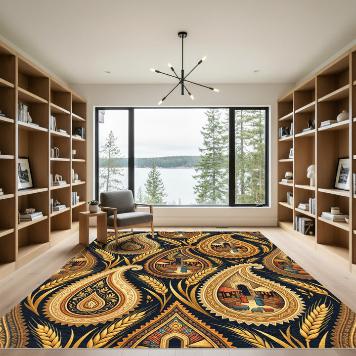 Golden Paisley Market Scene Rug
