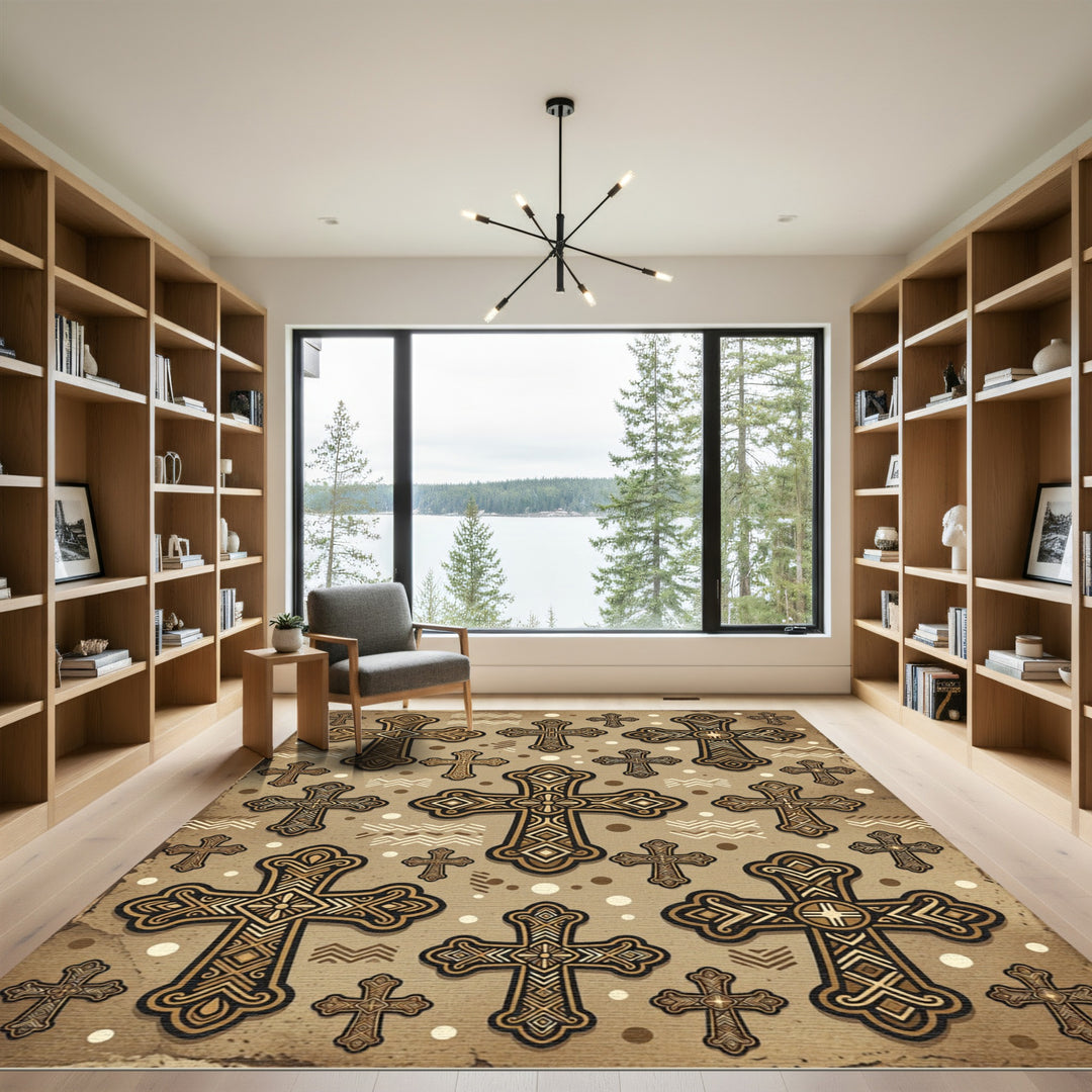 Golden Rustic Cross Medallion Pattern Rug