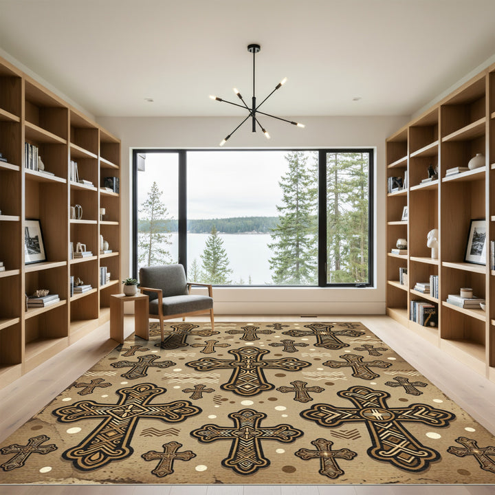 Golden Rustic Cross Medallion Pattern Rug