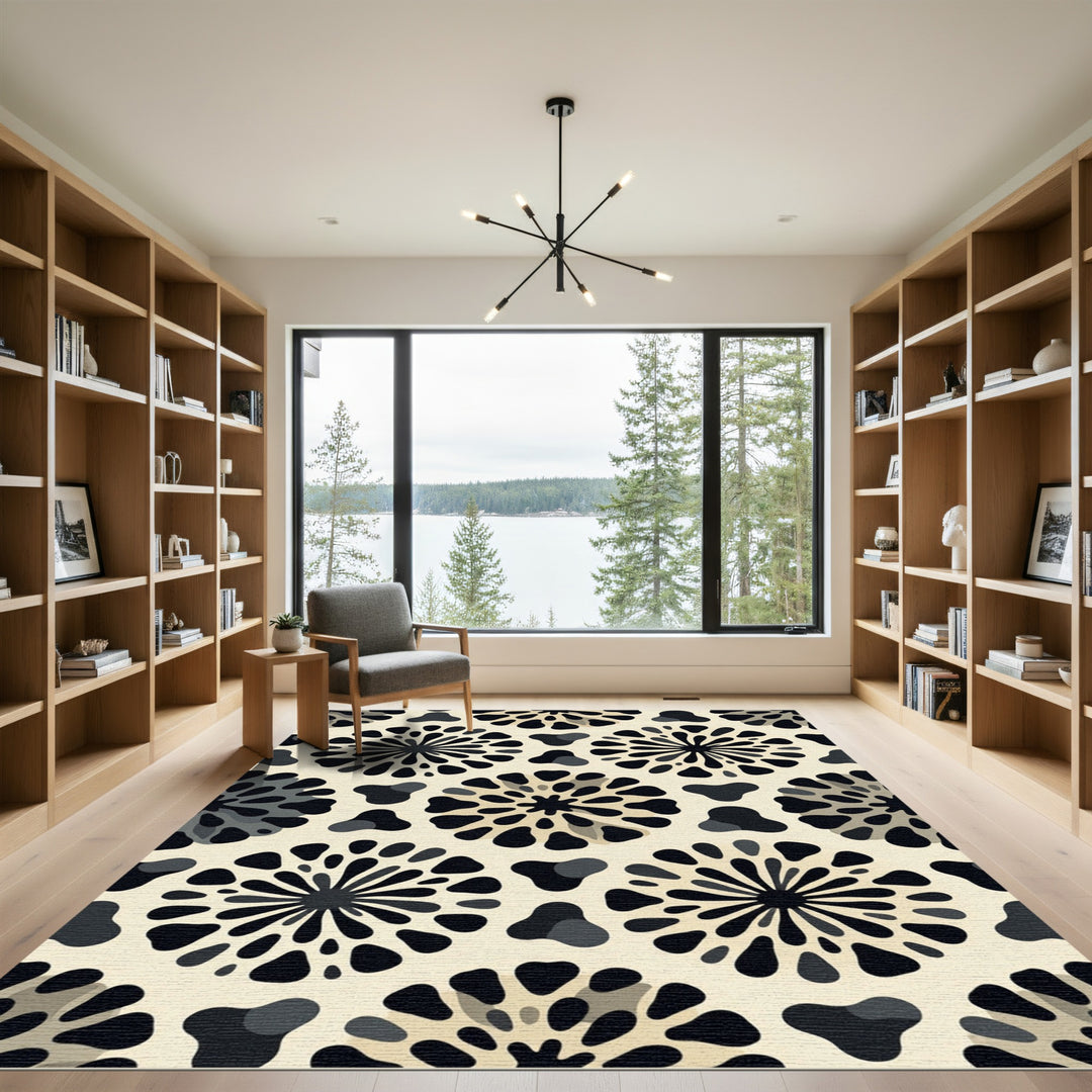 Black and Beige Sunburst Bloom Rug