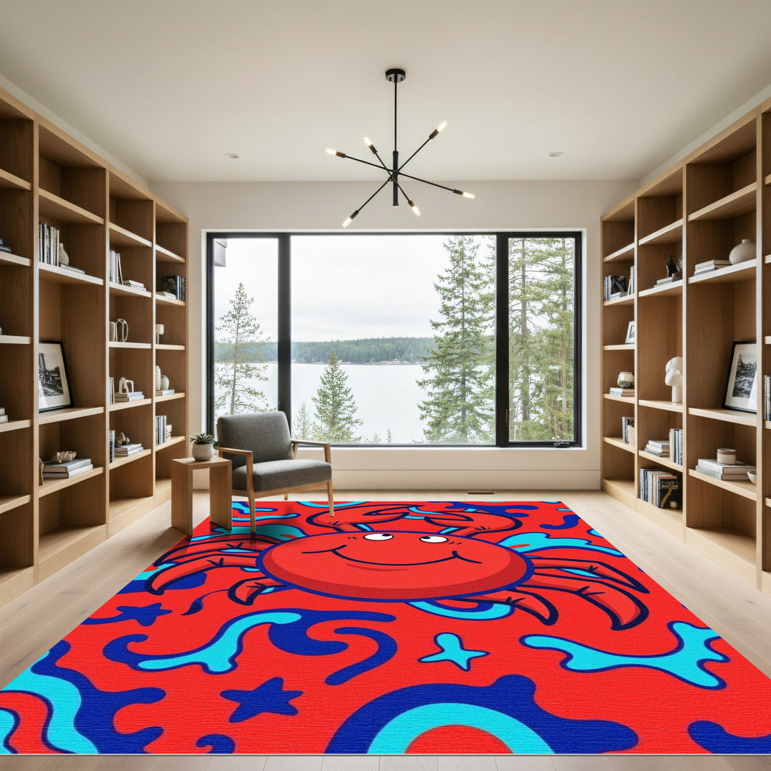 Playful Red Crab Blue Wave Rug