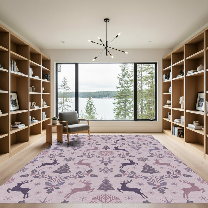 Muted Lilac Reindeer Snow Tree Scroll Rug