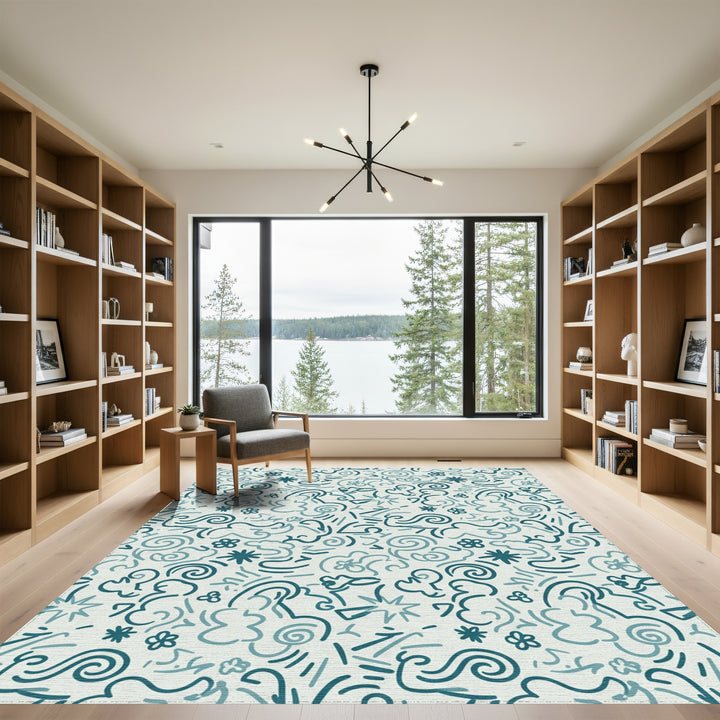 Teal Swirls and Stars Abstract Rug