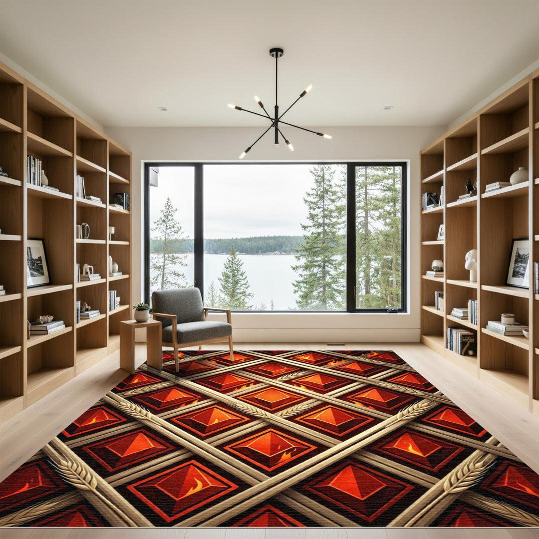 Fiery Red Diamond Lattice with Wheat Rug
