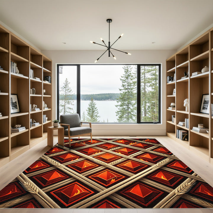 Fiery Red Diamond Lattice with Wheat Rug