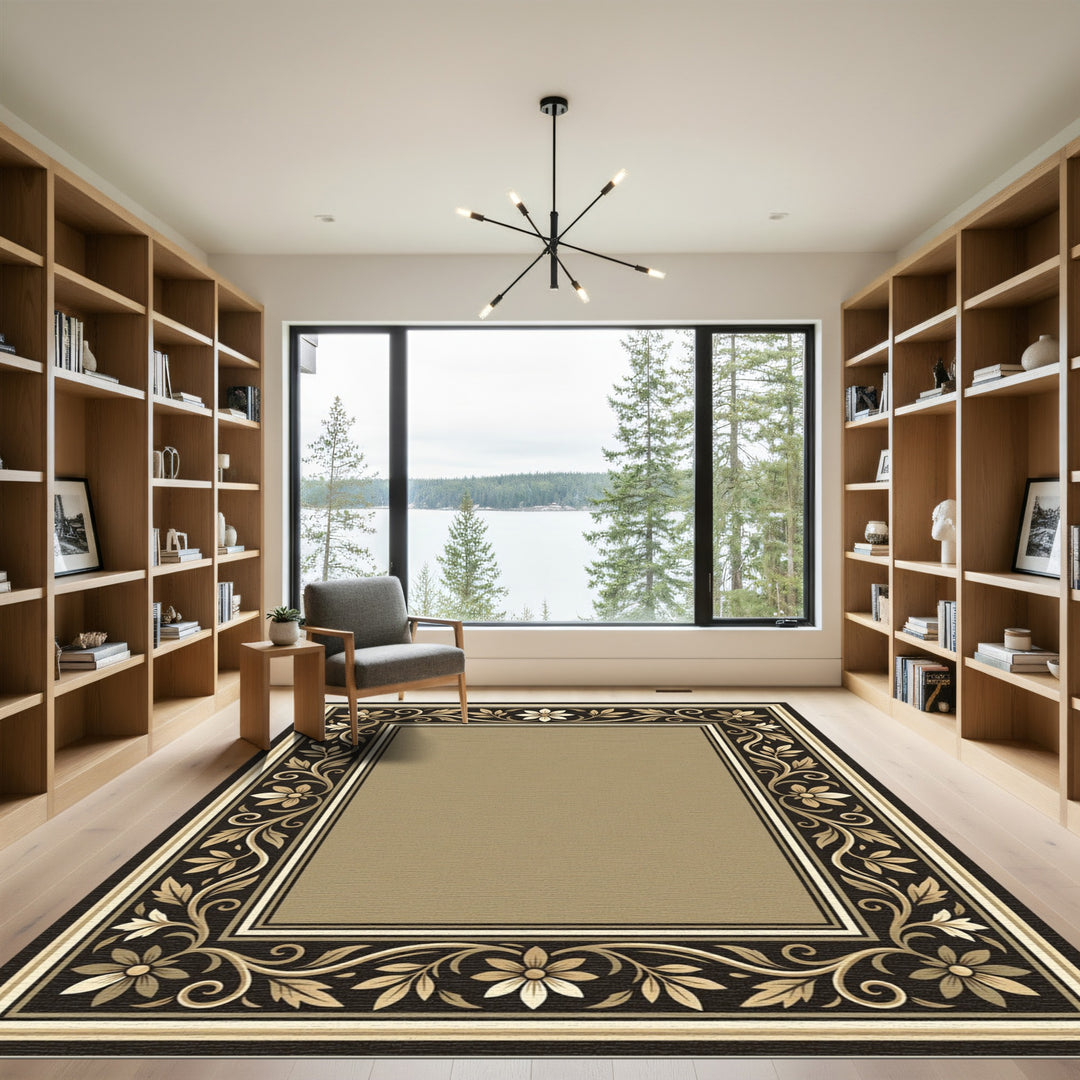 Golden Floral Scrollwork Frame Rug